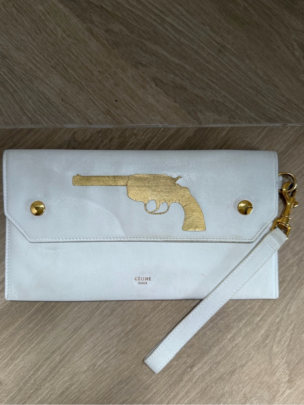 Celine White Leather Wristlet Clutch with Gold Gun